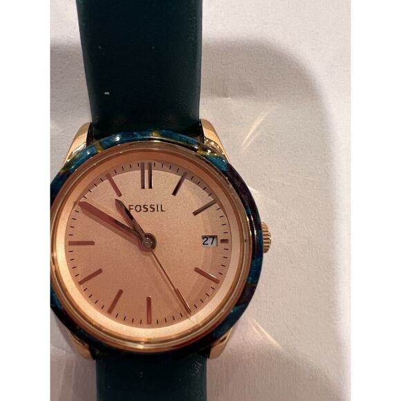 Fossil Adalyn Three Hand Date Ladies Watch Teal Leather Band Rose Gold Dial - Picture 2 of 7